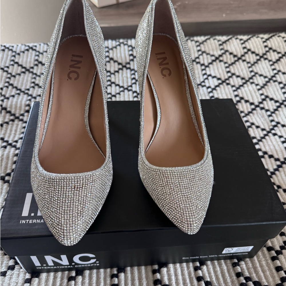 INC International Concepts Silver Rhinestone Pointed Toe Pumps